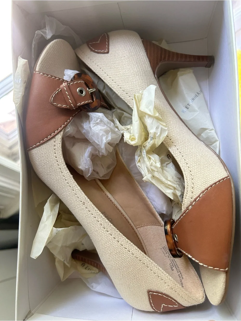 BRAND NEW brown and beige canvas kitten heels